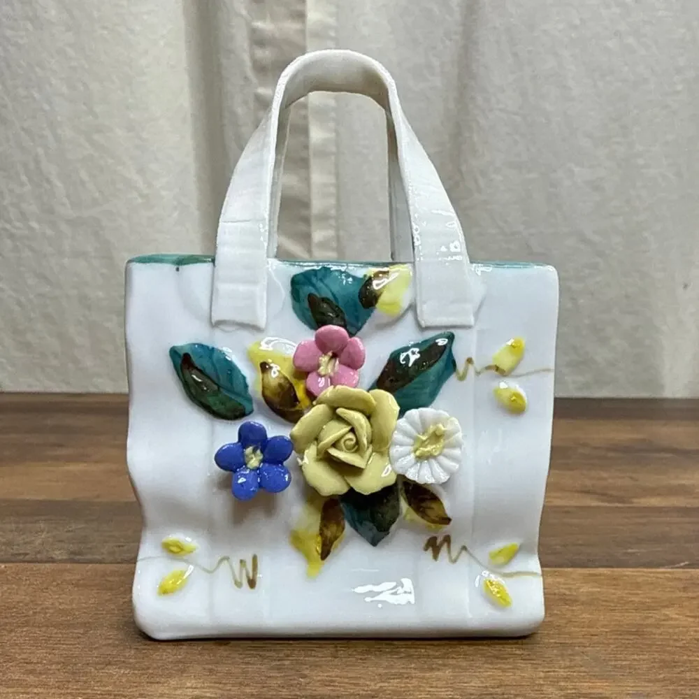 Handmade Porcelain Vintage Applied Flower Purse Bag Shaped Vase Catchall Décor